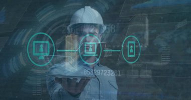 Çift ırklı iş adamının veri işleme ve tarama görüntüsü. küresel iş, teknoloji ve dijital arayüz kavramı dijital olarak oluşturulmuş görüntü.