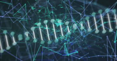 Bağlantı ağının resmi ve siyah arkaplan üzerinde DNA ipliği. küresel bağlantılar, veri işleme ve dijital arayüz konsepti dijital olarak oluşturulmuş resim.