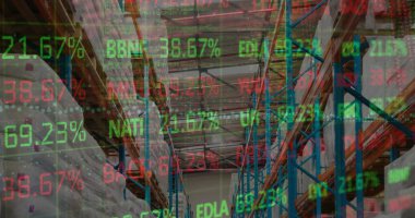 Borsa görüntüsü ve boş depo üzerinden finansal veri işleme. küresel sevkiyat, dağıtım ve bağlantılar konsepti dijital olarak oluşturuldu.