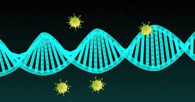 Cyan mavisi DNA çift sarmallı iplik dijital laboratuvar arka planında, virüs parçacıklarıyla sürüklenir. Fütürist, bilimsel, moleküler, biyoteknoloji, soyut, mikro ölçek, yenilik
