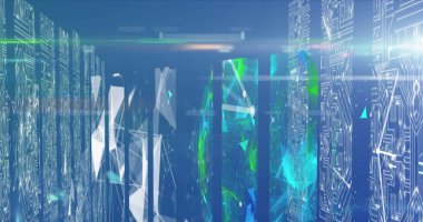 Bilgisayar sunucuları üzerinden bağlantı ve veri işleme ağının resmi. Dijital olarak oluşturulmuş küresel bağlantılar, hesaplama ve veri işleme kavramı.