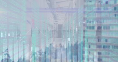 Şehirdeki finansal veri işleme ve sunucu odasının resmi. küresel iş, finans ve dijital arayüz kavramı dijital olarak oluşturulmuş görüntü.