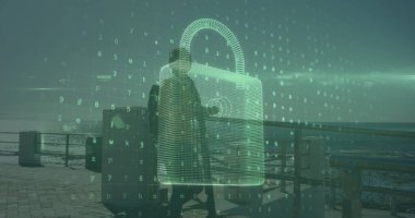 Scooter 'ı olan Afrikalı Amerikalı bir kadının veri işleme ve asma kilit görüntüsü. küresel iş ve dijital arayüz kavramı dijital olarak oluşturulmuş görüntü.