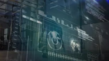 Endüstriyel teknoloji laboratuarında çömelmiş bir kadın, yüzen holografik küreyi ve bar çizelgelerini yansıtıyor. Teknoloji, yenilik, veri, fütüristik, mühendislik, görselleştirme, dijital