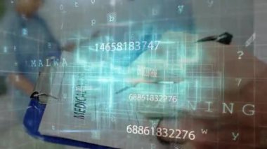 Tıbbi ekip klinik verileri analiz ediyor, holografik ızgara ve yüzen numaralarla etkileşime geçiyor. Teknoloji, sağlık, yenilik, görselleştirme, işbirliği, fütüristik, teşhis