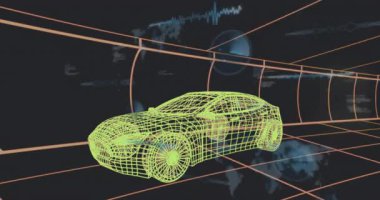 Turuncu ızgara tünelinde mavi holografik verileri gösteren Neon yeşil 3D telli spor araba. Fütürist, bilim kurgu, teknoloji, sanal, dijital, sürükleyici, gösterişli