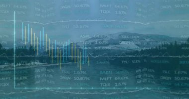 Dağ gölünün üzerinde yüzen finansal tablolar, bar grafikleri, çizgi grafikleri, hisse senetleri. Doğa, manzara, veri görselleştirme, açık hava, dinginlik, teknoloji, analitik