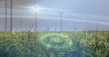 Düz dizayn, parlayan hologram kaplamalı sarı kanola alanının üzerinde dönen rüzgar türbinlerini gösteriyor. Yenilenebilir, sürdürülebilirlik, teknoloji, gelecekçilik, dijital, yenilik, çevre dostu