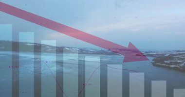 Veri çubukları, çizgi grafiği ve işaretleyicilerle karlı görünüm üzerinde kırmızı oku gösteren animasyon. Veri görselleştirme, analitik, hava durumu verileri, kış manzarası, bilgi, dağ arazisi, uzak çevre