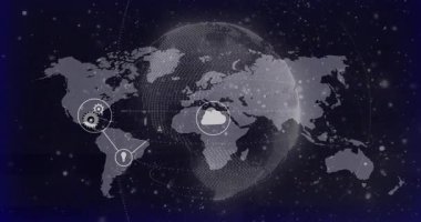Küresel teknoloji ağı pembe dünya haritasında gösteriliyor, beyaz simgeleri düz tasarımla birleştiriyor. Fütürist, dijital, bağlantı, yenilik, siber, ağ, evren