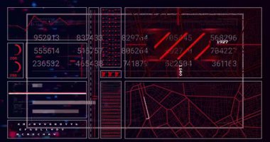 Geleceğsel UI görüntüleme kod blokları, atım göstergeleri, saat çubuklarını hareket ettirme, harita yönlendirme. Teknoloji, arayüz, siber, veri, yenilik, ekran, analitik