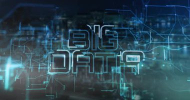 Büyük Data metni neon hatlarıyla parlıyor, yüzen devre hatları ve 3 boyutlu görüntüleme düğümleriyle. Teknoloji, siber uzay, yenilik, fütürizm, bağlantı, dijital, analitik