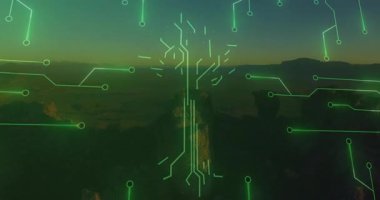 Engebeli çöl arazisinde parlayan yeşil devre ağacı düz dizayn devrelerini genişletiyor. Teknoloji, yenilik, dijital, fütürizm, sürdürülebilirlik, enerji, veri