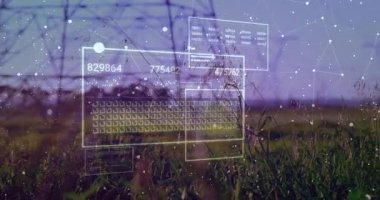 Yüksek voltajlı iletim kuleleri açık alanda 3 boyutlu HUD grafikleri ve düğümleriyle görselleştiriliyor. Teknoloji, altyapı, endüstri, sürdürülebilirlik, yenilik, dijital, enerji