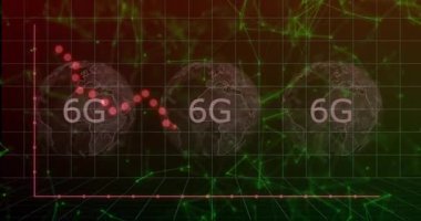 Kırmızı veri eğrisi ve ızgarası içeren 6G ağı üç kablo küresi üzerinde görüntüleniyor. Gelecek, teknoloji, dijital, yenilik, bağlantı, veri, soyut