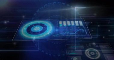 Karanlık sahnede parlayan gösterge ve veri panellerini gösteren fütüristik dijital arayüz canlandırılıyor. Gelecek, teknoloji, arayüz, hologram, dijital, veri görselleştirme, siber