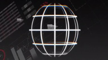 Düz dizayn HUD ile dönen tel çerçeveli küre, kırmızı gri pasta segmentlerini ve dijital çıktıları gösteriyor. Futuristik, teknoloji, veri, görselleştirme, dijital, arayüz, analiz