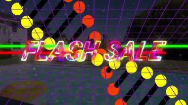 Neon FLASH satışı metni altında havuza atlayan dört arkadaş, pazarlama şebekesini ve DNA grafiklerini gösteriyor. Canlı, enerjik, fütüristik, yaşam tarzı, dijital, yaz, eğlence