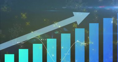 Finansal veriler yükselen gradyan çubuklar, saydam ok ve çizgi grafiği ile görselleştiriliyor. Analizler, veriler, teknoloji, gösterge paneli, fütüristik, dijital, büyüme