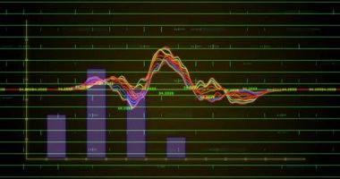 Neon ızgara, mor çubuklar ve çok renkli dalgalı çizgiler ile soyut veri görselleştirmesi gösteriliyor. Fütürist, dijital, analitik, teknoloji, modern, canlı, arayüz