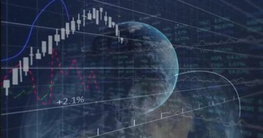 Küresel finans 3D görüntüleme, Dünya 'nın hareket eden şamdan çubukları ve çizgi grafiği ile döndüğünü gösteriyor. Teknoloji, analitik, veri görselleştirme, finans sektörü, dijital arayüz, pazar eğilimleri, yenilik