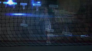 Kadın tenisçi, ağ ören neon mavisi holografik çubuklarla spor teknolojisinde raket sallıyor. Teknoloji, yenilik, spor, fütüristik, hareket, arayüz, gerçekçilik