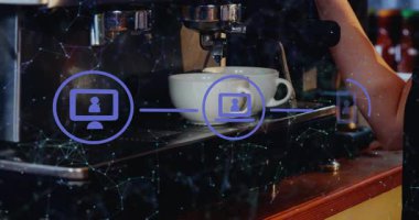 Animasyon espresso grubu kafası fincanlara kahve doldururken mor simgeler ağ üzerinden bağlanıyor. Teknoloji, kafe, endüstriyel, makine, iletişim, dijital, çağdaş