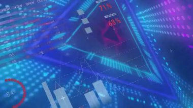 Veri görselleştirmesi neon çizelgelerle canlandırılmış düz tasarım test aşaması yüzdelerini sunar. Fütürist, dijital, bilgi, analitik, teknoloji, soyut, neon