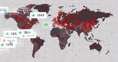 Kırmızı iğneli ve yüzen sosyal medya baloncuklarıyla ölçümleri gösteren dünya haritası. Coğrafya, bağlantı, dijital, veri görselleştirme, ağ, analitik, teknoloji