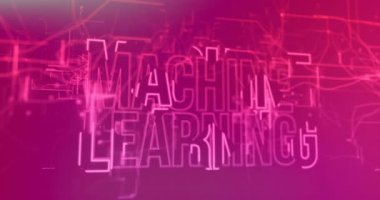 Makine, düz tasarımda eflatun devre sahnesine karşı parlak ve neon pembeyle titreşen yazıları öğreniyor. Fütürist, enerjik, dijital, soyut, teknoloji, yenilik, siber