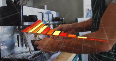 Kahveci portafiltreyi espresso makinesine kilitliyor, artırılmış gerçeklik veri grafiği gösteriyor. Teknoloji, endüstriyel, modern, yenilik, kesinlik, ticari, çalışma alanı