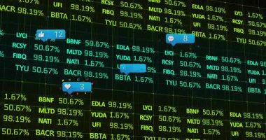 Sosyal medya tepkisi simgeleri karanlık şebeke üzerinde yüzüyor. Kaydıran borsa saatlerini ve sayımlarını gösteriyorlar. Dijital küre, katılım, modern, teknoloji, veri görselleştirme, iletişim, etkileşimli