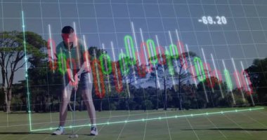 Kadın golfçü yeşile boyamaya hazırlanıyor. Canlandırılmış finans şamdanı şeması. Atletik, boş, sofistike, stratejik, açık hava, canlılık, profesyonel