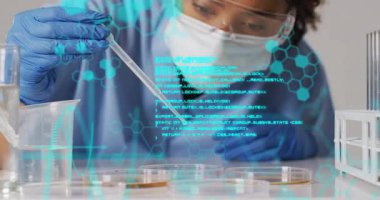 Kadın bilim adamı petri kabını pipetliyor, yüzen altıgen kod grafiği bilimle örtüşüyor. Araştırma, yenilik, kesinlik, teknoloji, laboratuvar, deney, keşif