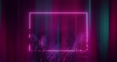 Mor mora karşı parlayan neon pembe dikdörtgen çerçeve, arkada yükselen palmiye siluetleri. Neon, fütürist, retro, enerjik, karamsar, siluet, ortam