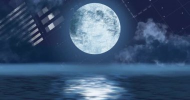 Geceleri sakin denizin üzerinde yüzen ay benzeri iki küre dijital ızgara hatlarını yansıtıyor. Göksel, gerçeküstü, atmosferik, fütürist, gizemli, soyut, yansıtıcı