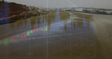 Karlı sahili borsa haritasıyla harmanlıyor ve kaykaycı düz tasarımda süzülüyor. Doğal, finans, sükunet, manzara, veri, yansıma, vahşi doğa
