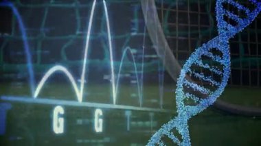 Yüzen 3 boyutlu DNA sarmalı ve veri ızgarasıyla tenis kortu sahnesi canlandırılıyor. Raket ve top görünüyor. Futuristik, bilimsel, teknoloji, spor, veri görselleştirme, dijital, yenilik