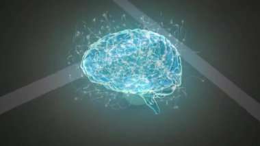 3D dijital beyin hologramı parlıyor, karanlık zemin boyunca sinirsel bağlantı hatları yayıyor. Gelecekçi, yenilikçi, teknoloji, sinirsel, bağlantı, sanal, soyut