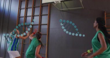 Spor salonunda antrenman yapan iki bayan sporcu, spor bilimi DNA sarmalı ve tırmanma çubukları gösteriyor. Sporcular, takım çalışması, fitness, power, motion, training, sports