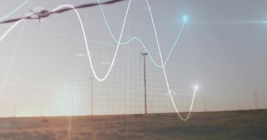 Rüzgâr tarlası görselleştirmesi, beyaz ve deniz mavisi çizgileri ve parlayan düğümlerle 3 boyutlu ızgara örtüşmesi gösteriyor. Sürdürülebilir, yenilenebilir, enerji, dijital, teknoloji, çevre, modern