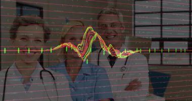 Tıbbi ekip hastanede, dijital kırmızı ızgara ve yeşil-sarı çizelge gösteriyor. Sağlık, takım çalışması, analitik, profesyonellik, yenilik, tanı, işbirliği