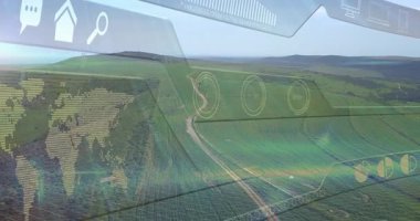 Düz dizayn holografik verileri göstererek yeşil ekin tarlalarında süzülen toprak yol. Futuristik, agritech, drone, digital, görselleştirme, kırsal, analitik