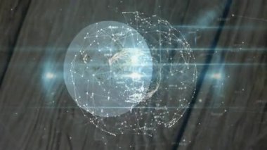 Kablo kafasının ahşap arka planda dönmesi, parlayan düğümleri, çizgileri ve sayısal etiketleri gösteriyor. Teknoloji, veri görselleştirme, fütüristik, nöral ağ, dijital mimari, yenilik, soyut tasarım