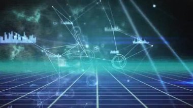 Şebeke zemini ufka doğru genişliyor, düğümleri birbirine bağlıyor ve gök mavisi içinde dairesel HUD halkalar gösteriyor. Fütüristik, siber uzay, veri görselleştirme, dijital ortam, teknoloji, ağ, soyut