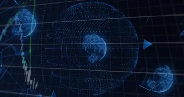 Merkezi 3D noktalı küre, şebeke üzerinde yüzüyor, şamdan çizelgesi ve renkli çizgi grafikleri gösteriyor. Fütüristik, teknolojik, veri görselleştirme, holografik, dijital, analitik, donanımlı