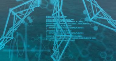 Altıgen motifler ve sinüs grafikleriyle dalgalı suyun üzerinde yüzen 3 boyutlu moleküler kafes ışınları. Fütürist, bilimsel, teknolojik, soyut, veri, yenilik, dijital