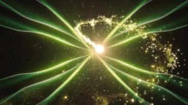 3 boyutlu parlayan çekirdek kozmos boyunca yeşil ışınlar üreterek girdap şeklinde altın parçacık izi bırakıyor. Soyut, fütüristik, enerjik, mistik, enerji, uzay, aydınlatma