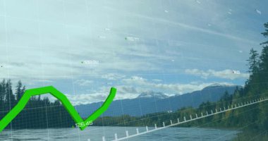 Parlak yeşil yalan makinesi grafiği dağ gölü boyunca ızgara kaplamalı tepe ve vadileri gösteriyor. Manzara, vahşi doğa, veri görselleştirme, analitik, dağ manzarası, açık hava, doğal