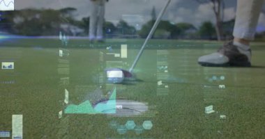 Golfçü yeşile vuruş yaparken spor teknolojisi grafiklerini gösteriyor. Spor, teknoloji, analiz, strateji, kesinlik, açık hava, modern
